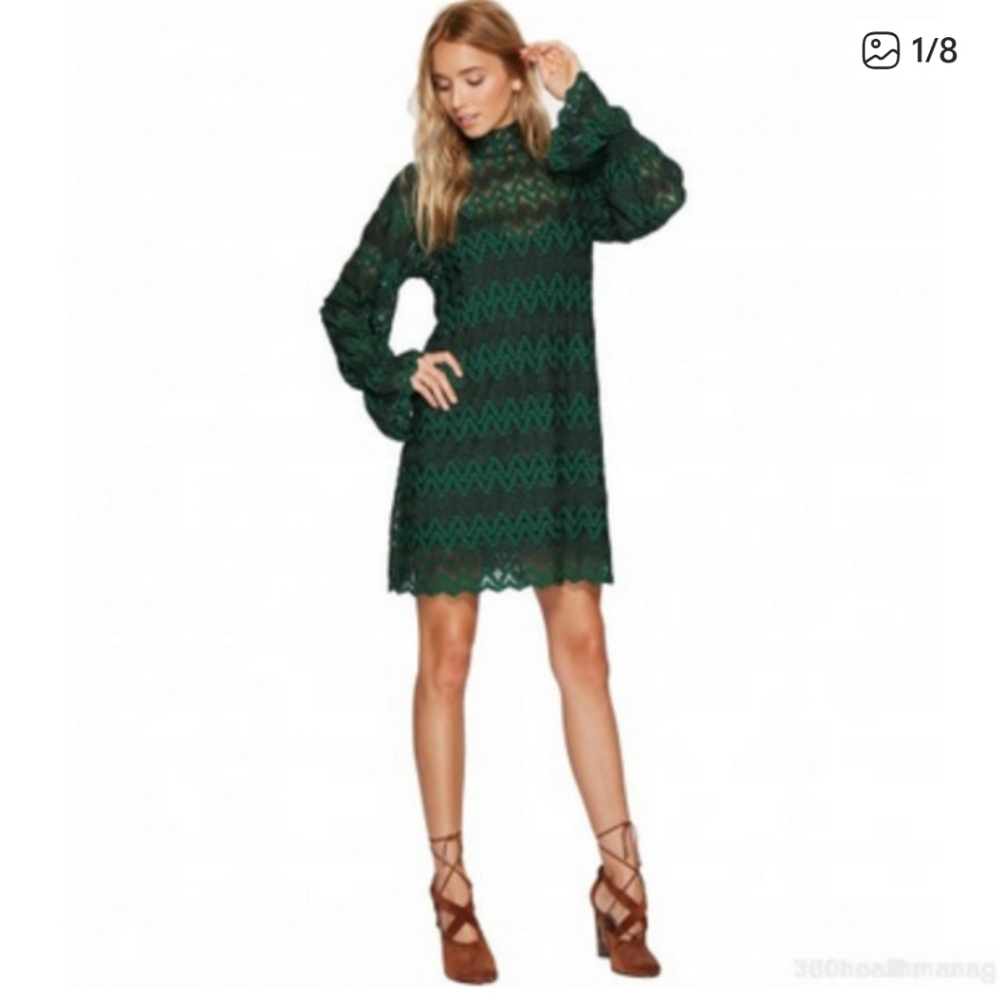 🌿 Free People Boho Chic Dark Green Lace Mini Dress